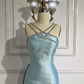 Blue Elegant Exquisite Gem Rhinestone Beading Long satin Train/Straight Satin Ball Gown Evening Dress nv3801