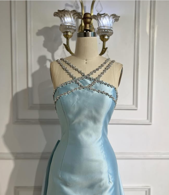 Blue Elegant Exquisite Gem Rhinestone Beading Long satin Train/Straight Satin Ball Gown Evening Dress nv3801