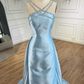 Blue Elegant Exquisite Gem Rhinestone Beading Long satin Train/Straight Satin Ball Gown Evening Dress nv3801