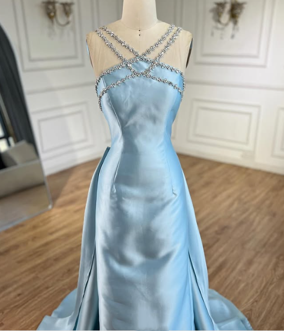 Blue Elegant Exquisite Gem Rhinestone Beading Long satin Train/Straight Satin Ball Gown Evening Dress nv3801
