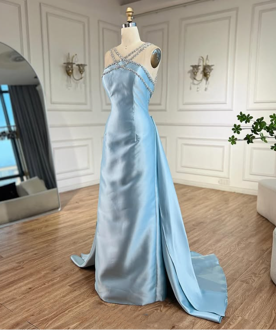 Blue Elegant Exquisite Gem Rhinestone Beading Long satin Train/Straight Satin Ball Gown Evening Dress nv3801