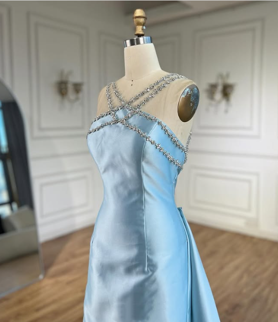 Blue Elegant Exquisite Gem Rhinestone Beading Long satin Train/Straight Satin Ball Gown Evening Dress nv3801