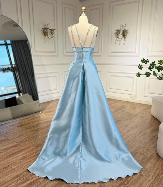 Blue Elegant Exquisite Gem Rhinestone Beading Long satin Train/Straight Satin Ball Gown Evening Dress nv3801