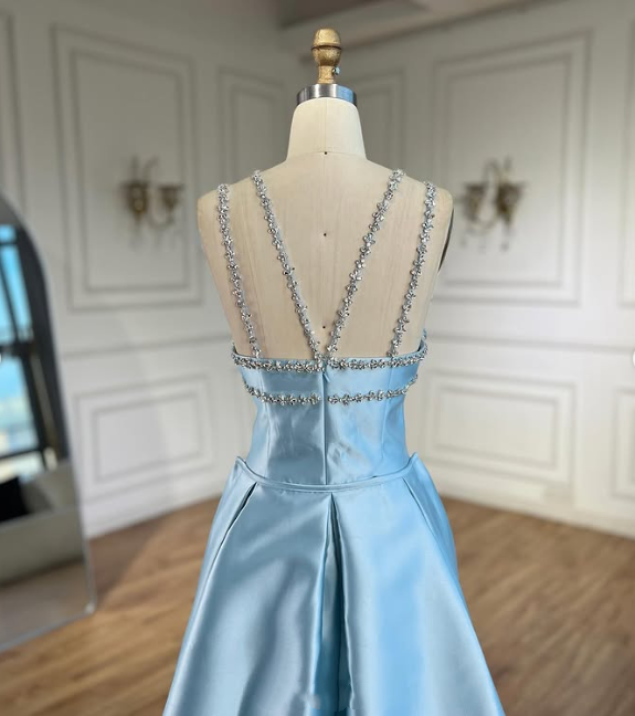 Blue Elegant Exquisite Gem Rhinestone Beading Long satin Train/Straight Satin Ball Gown Evening Dress nv3801