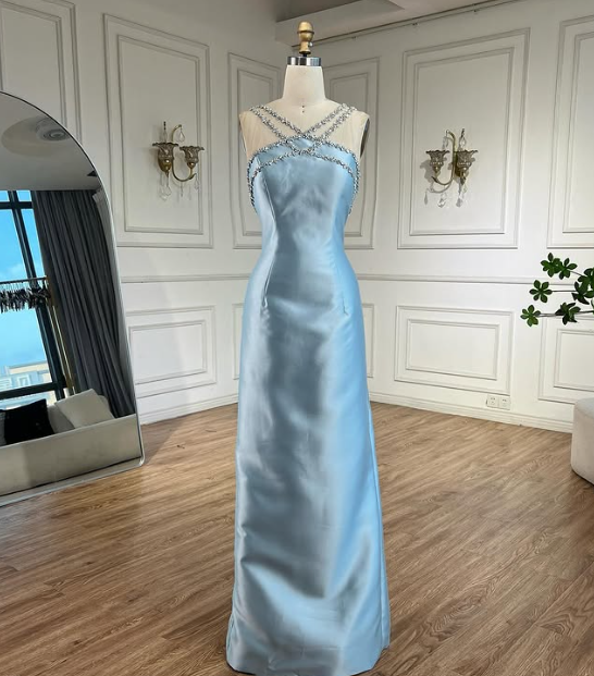 Blue Elegant Exquisite Gem Rhinestone Beading Long satin Train/Straight Satin Ball Gown Evening Dress nv3801