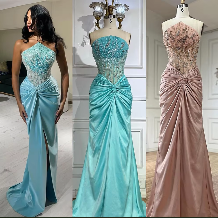 Green Luxury Strapless Mermaid Evening Dress Shiny Satin Beaded Long Formal Party Dress Prom Dress Evening Gown nv2415
