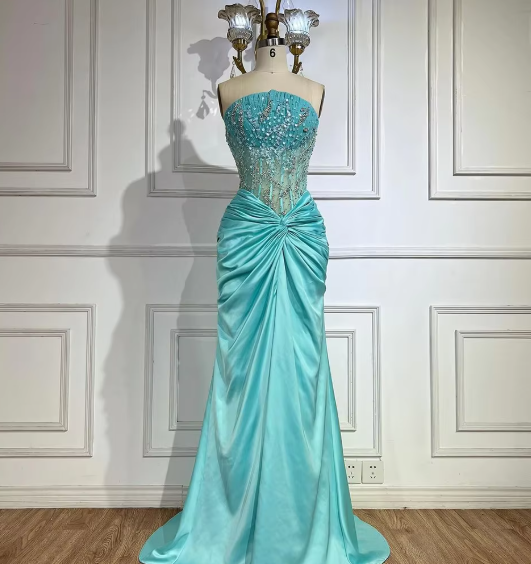 Green Luxury Strapless Mermaid Evening Dress Shiny Satin Beaded Long Formal Party Dress Prom Dress Evening Gown nv2415