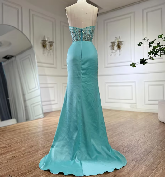 Green Luxury Strapless Mermaid Evening Dress Shiny Satin Beaded Long Formal Party Dress Prom Dress Evening Gown nv2415