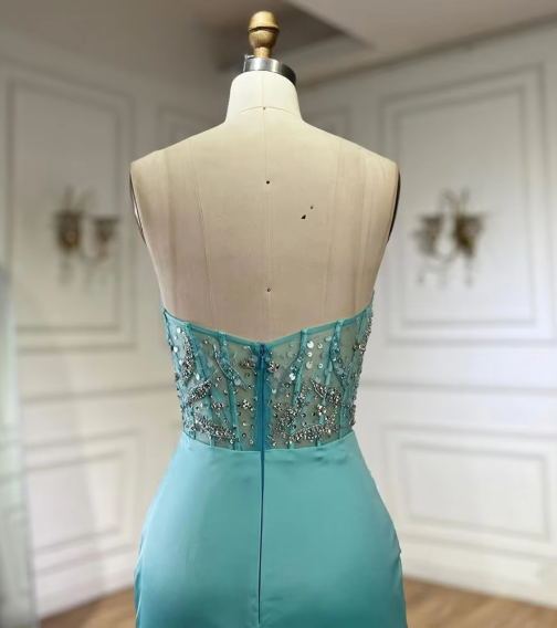 Green Luxury Strapless Mermaid Evening Dress Shiny Satin Beaded Long Formal Party Dress Prom Dress Evening Gown nv2415