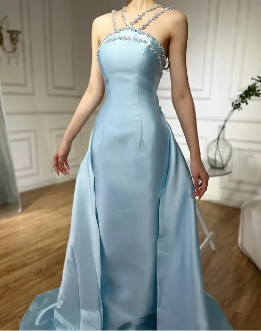 Blue gorgeous rhinestone embellished satin long ball gown evening dress nv2711