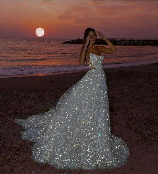 White shiny elegant spaghetti strap A-line long sequined ball gown evening dress nv1059