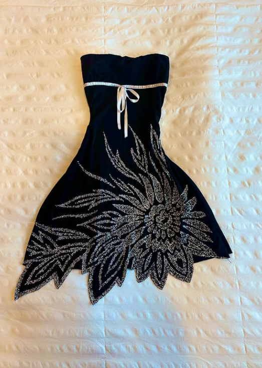 Black Floral Beaded Short Satin Homecoming Dress Birthday Dress Prom Dress nv4507