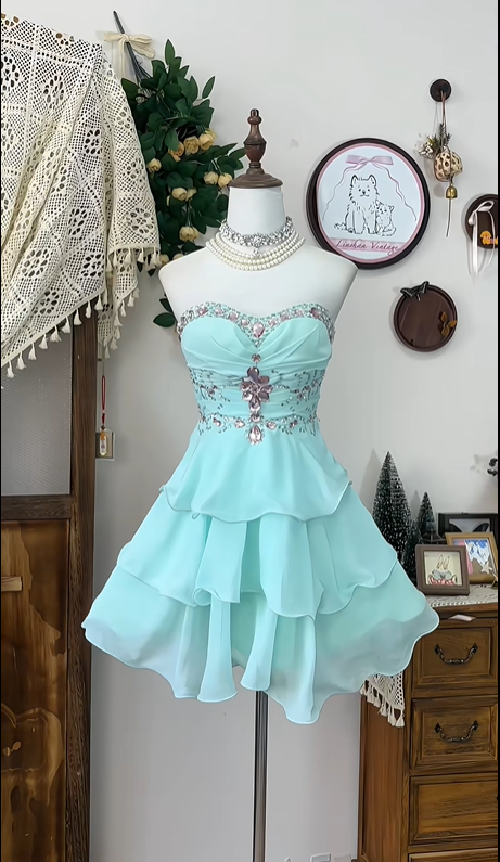 Mint Green Beaded Fashion Short Chiffon Homecoming Dress Birthday Dress Banquet Dress Party Dress nv4561