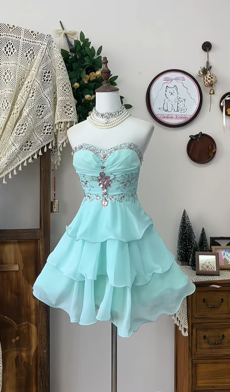 Mint Green Beaded Fashion Short Chiffon Homecoming Dress Birthday Dress Banquet Dress Party Dress nv4561