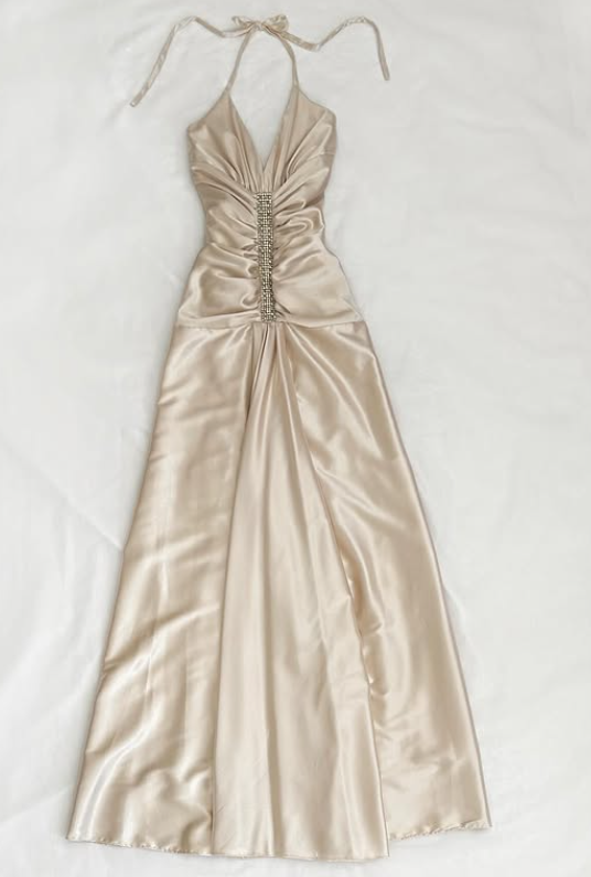 Champagne Gold Vintage Rhinestone Long Satin Strap Ball Gown Evening Dress Party Dress nv4582