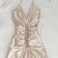 Champagne Gold Vintage Rhinestone Long Satin Strap Ball Gown Evening Dress Party Dress nv4582
