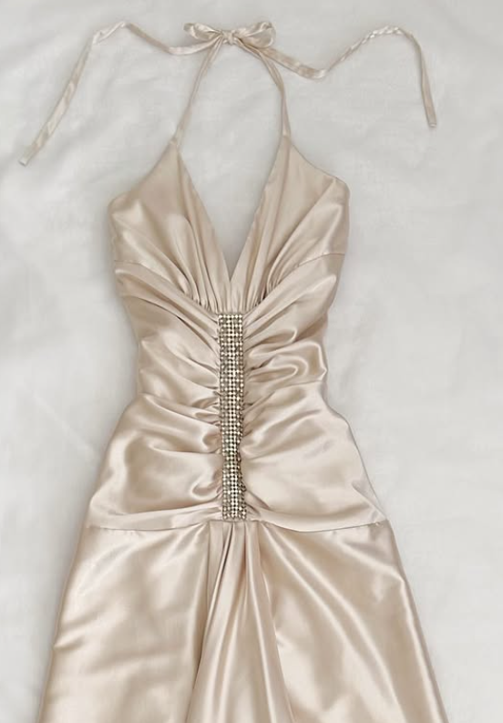 Champagne Gold Vintage Rhinestone Long Satin Strap Ball Gown Evening Dress Party Dress nv4582