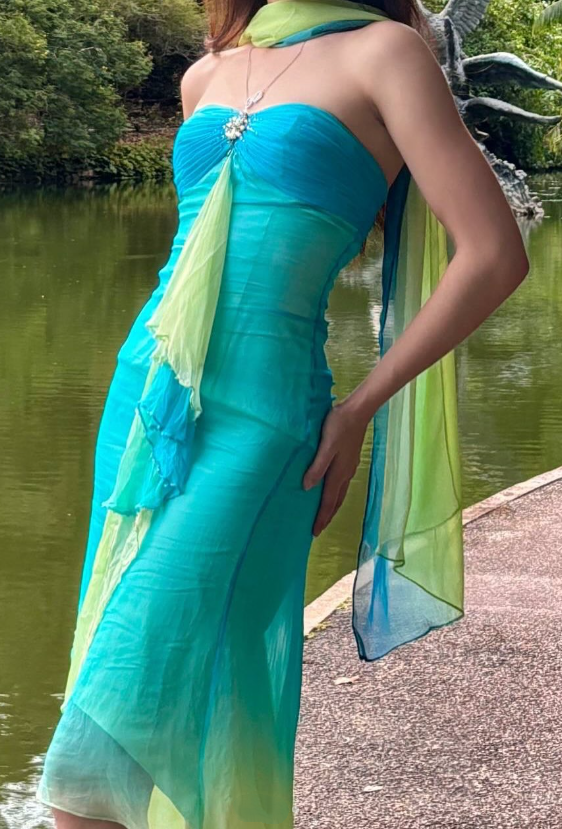 Blue green gradient fashion exquisite rhinestone long chiffon ball gown evening dress party dress nv4584