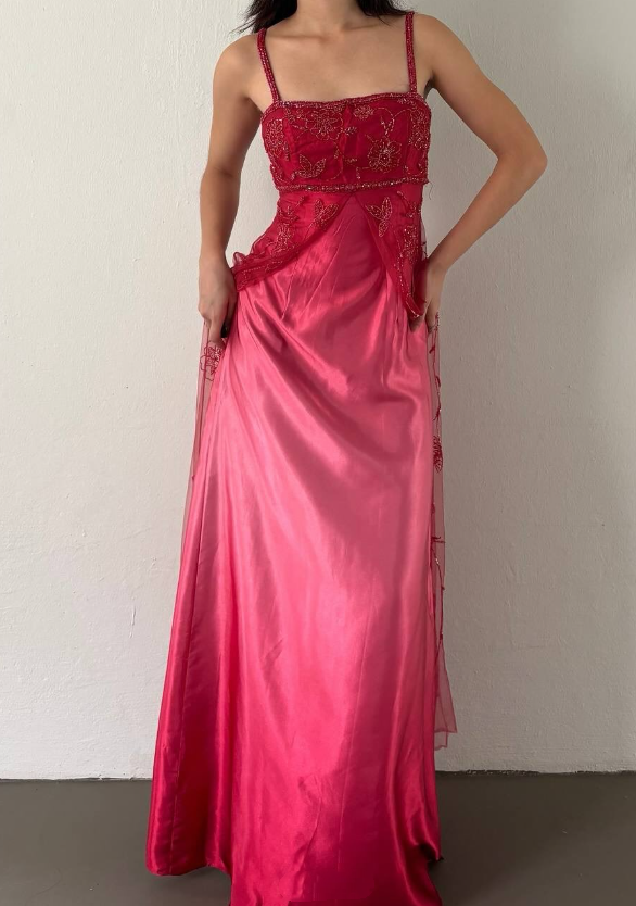 Cherry Red Gradient Retro Fashion Exquisite Beading Long Satin Ball Gown Evening Dress Party Dress Prom Dress nv4585
