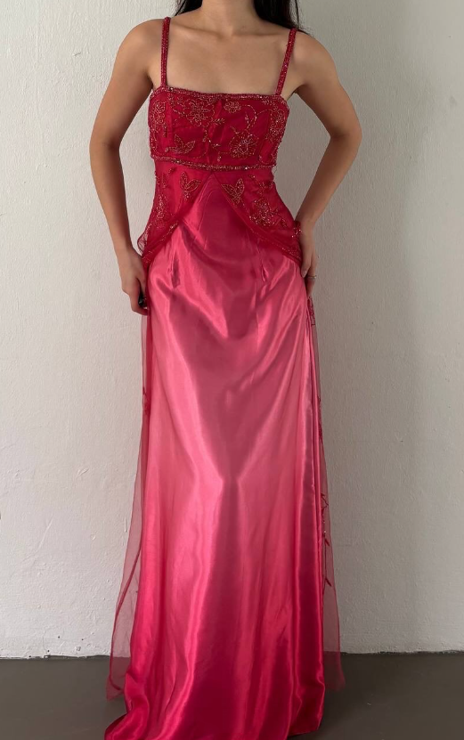 Cherry Red Gradient Retro Fashion Exquisite Beading Long Satin Ball Gown Evening Dress Party Dress Prom Dress nv4585
