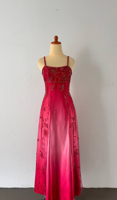 Cherry Red Gradient Retro Fashion Exquisite Beading Long Satin Ball Gown Evening Dress Party Dress Prom Dress nv4585