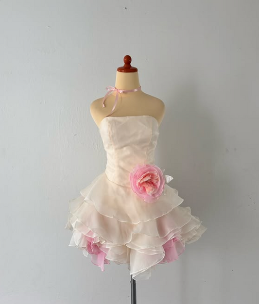 White pink floral elegant short chiffon party dress evening gown ball gown nv4597