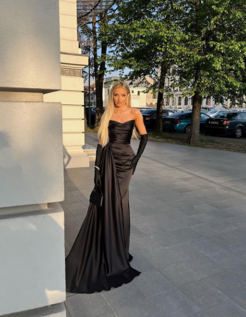 Black Elegant V Neck Mermaid Side Slit Satin Long Evening Gown Ball Gown nv1978