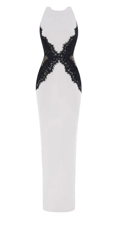 Robe de soirée longue en satin et dentelle blanche et noire, robe de soirée, robe d'invitée de mariage, nv4798