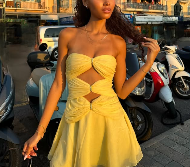 Yellow Fashion Bare Waist Chiffon Short Homecoming Dress Party Dress nv4914