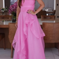Pink Simple Elegant Off Shoulder Tulle A-Line Maxi Formal Prom Gown Evening Gown Party Dress nv2569