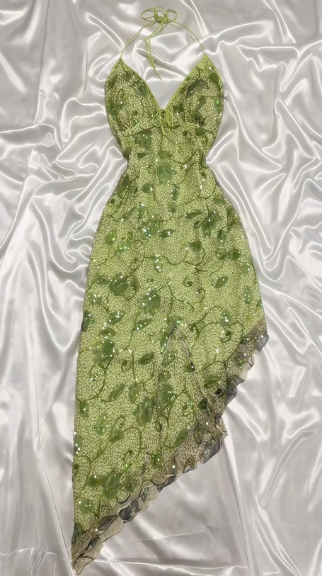 Robe de soirée longue en mousseline de soie, verte, brillante, à paillettes et perles, motif floral, nv5133
