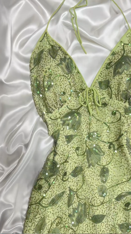 Robe de soirée longue en mousseline de soie, verte, brillante, à paillettes et perles, motif floral, nv5133