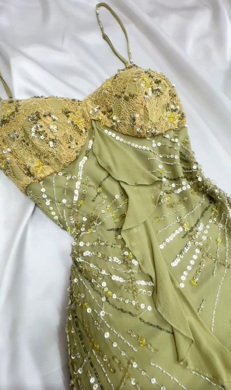Robe de soirée longue en mousseline de soie et dentelle florale, verte, ornée de perles, nv5135