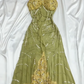 Robe de soirée longue en mousseline de soie et dentelle florale, verte, ornée de perles, nv5135