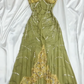 Robe de soirée longue en mousseline de soie et dentelle florale, verte, ornée de perles, nv5135