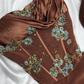 Robe de soirée longue en satin à fleurs et perles, couleur marron chocolat soyeux, vintage, nv5136