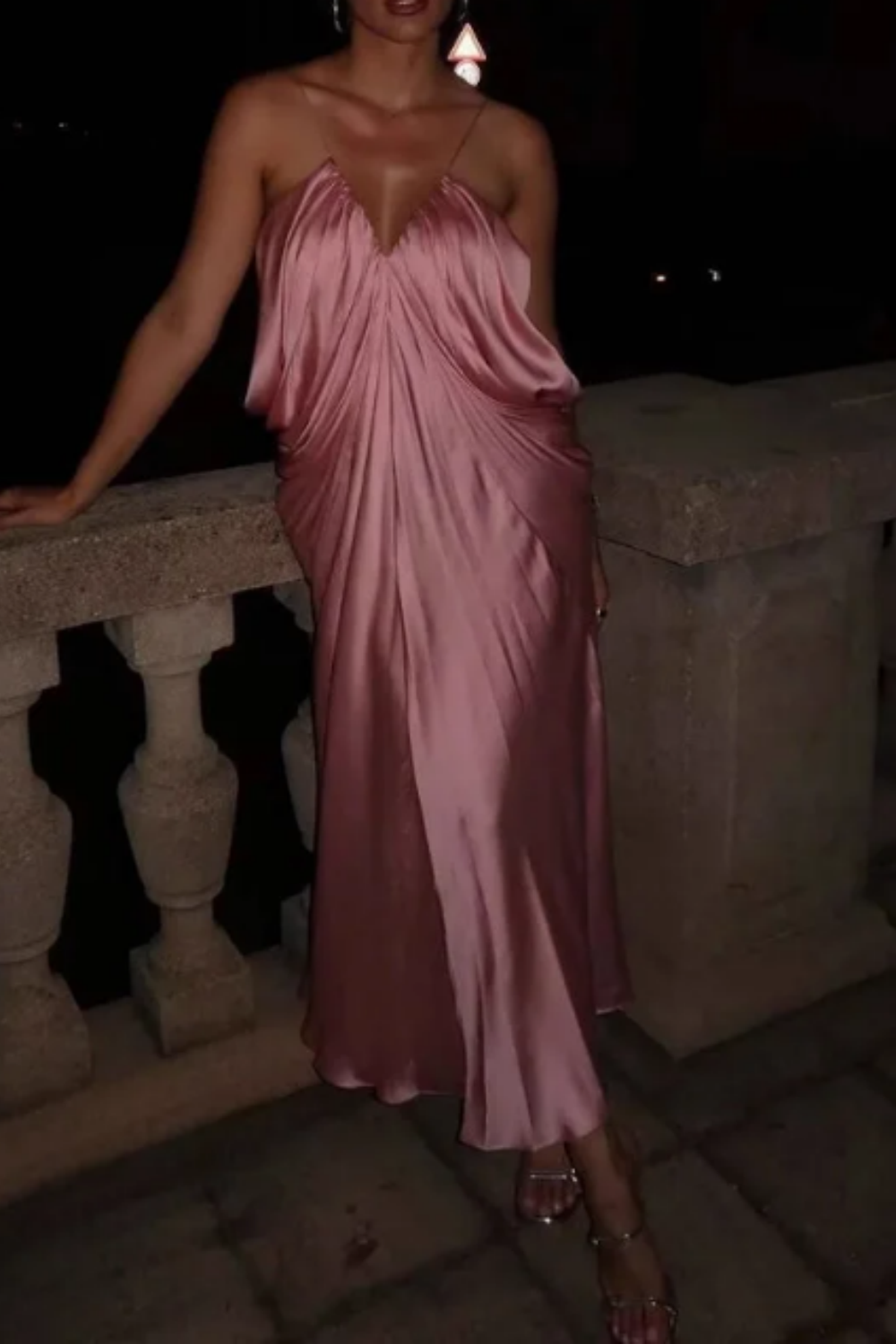 Pink fashion V-neck elegant long satin prom dress bridesmaid dress wedding guest party dress nv5214