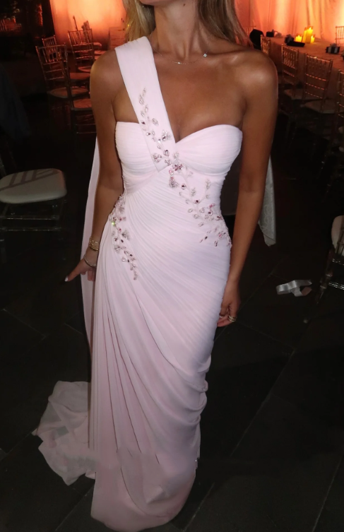 Pink floral elegant sweetheart neckline off-the-shoulder long chiffon prom dress evening gown nv5217