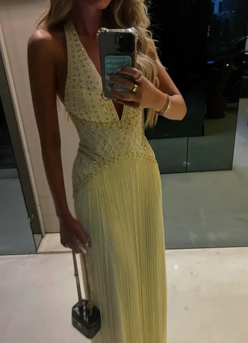 Yellow shiny beaded elegant off-shoulder long chiffon prom dress evening gown nv5218