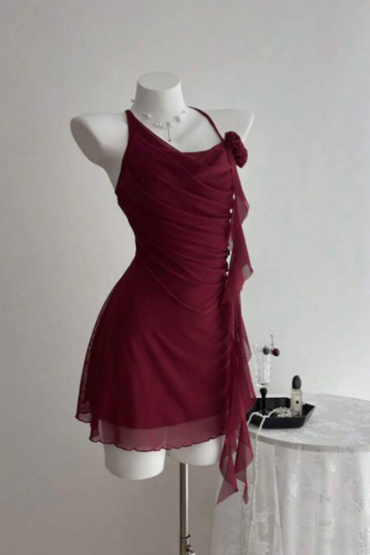 Burgundy One Shoulder Fashion Short Chiffon Homecoming Dress Birthday Party Dress nv5277