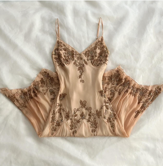 Cream brown delicate beaded mid-length chiffon prom dress nv5353