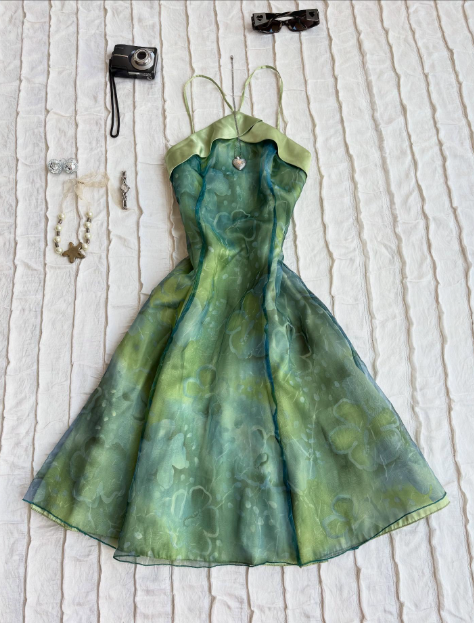 Grünes, elegantes Spaghettiträger-Chiffon-Kleid mit kurzen Hosenträgern, Heimkehrkleid, Partykleid, NV5398