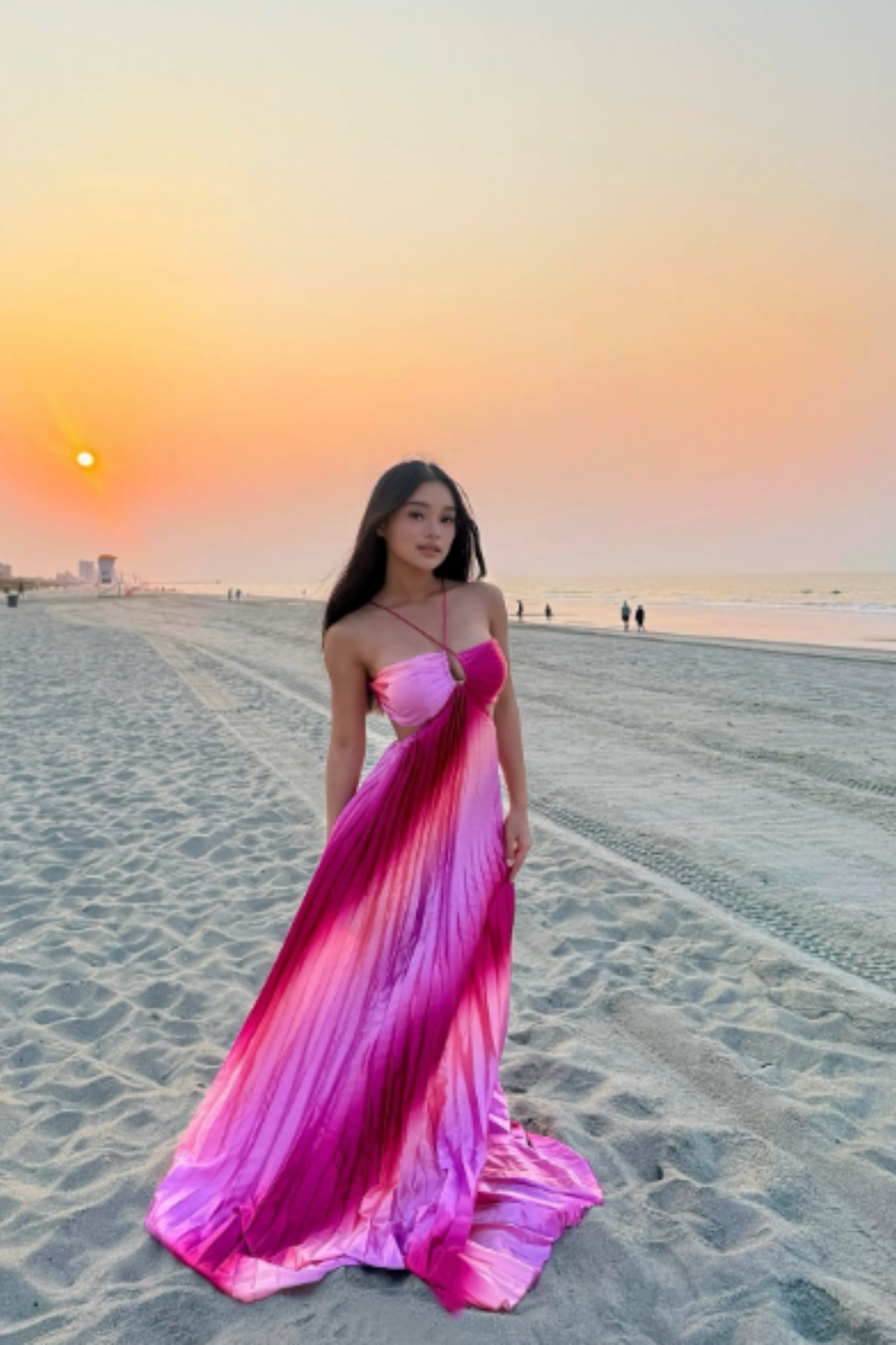 Red and pink gradient fashion suspenders long chiffon holiday party dress nv5407