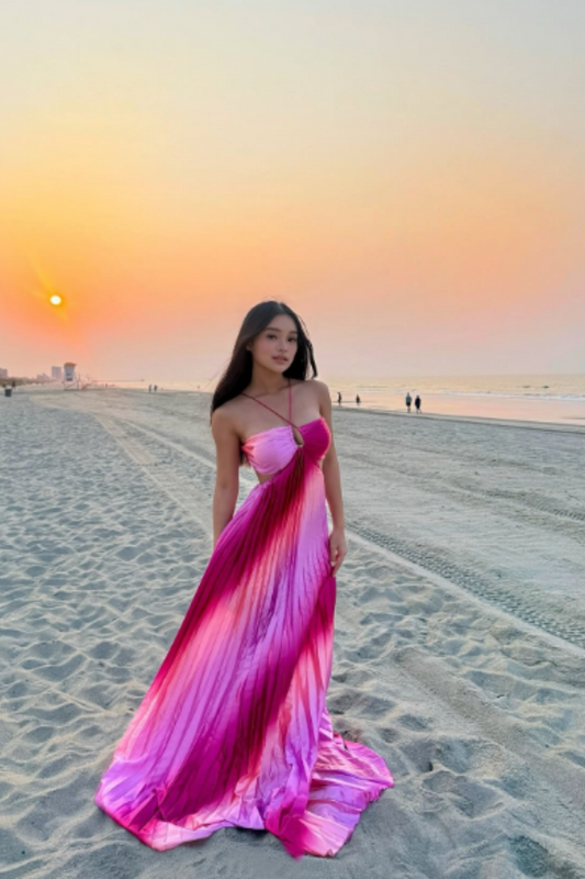 Robe de soirée longue en mousseline de soie à bretelles dégradées rouge et rose nv5407