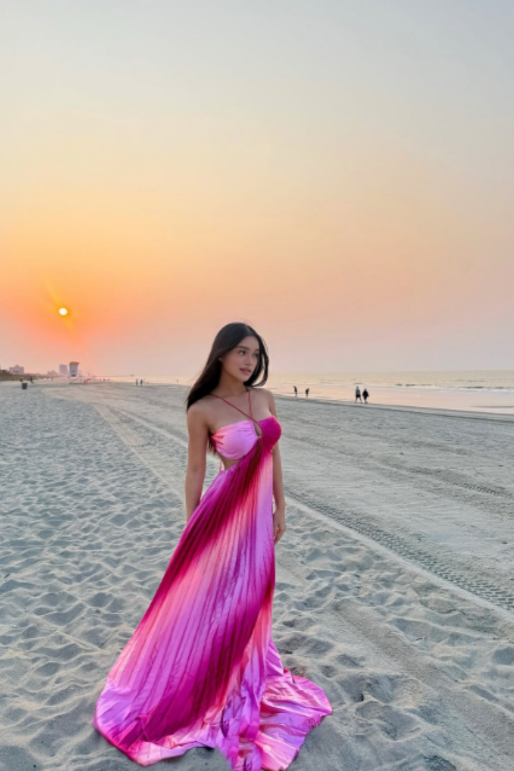 Red and pink gradient fashion suspenders long chiffon holiday party dress nv5407