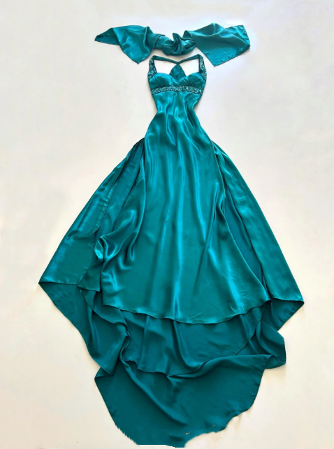 NiceVestidos--(Including Scarf) Blue-green exquisite hand-beaded long satin floor-length prom dress evening dress banquet dress Nv5578