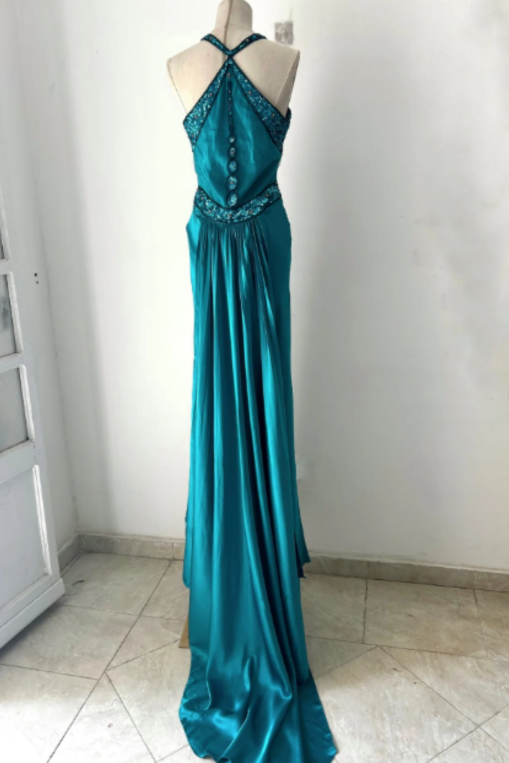 NiceVestidos--(Including Scarf) Blue-green exquisite hand-beaded long satin floor-length prom dress evening dress banquet dress Nv5578