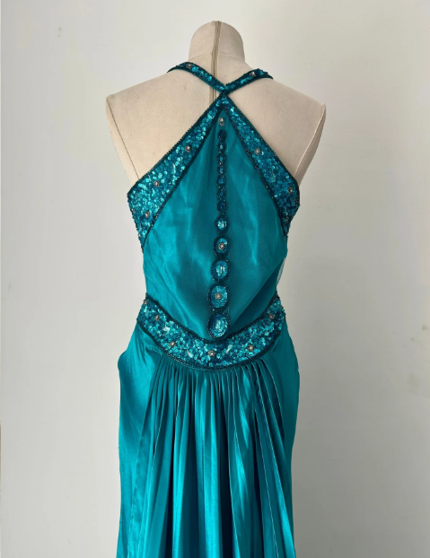 NiceVestidos--(Including Scarf) Blue-green exquisite hand-beaded long satin floor-length prom dress evening dress banquet dress Nv5578