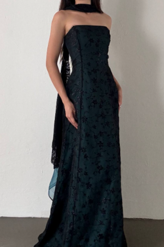 NiceVestidos--Dark green vintage exquisite floral long chiffon prom dress homecoming dress fairy dress Nv5587