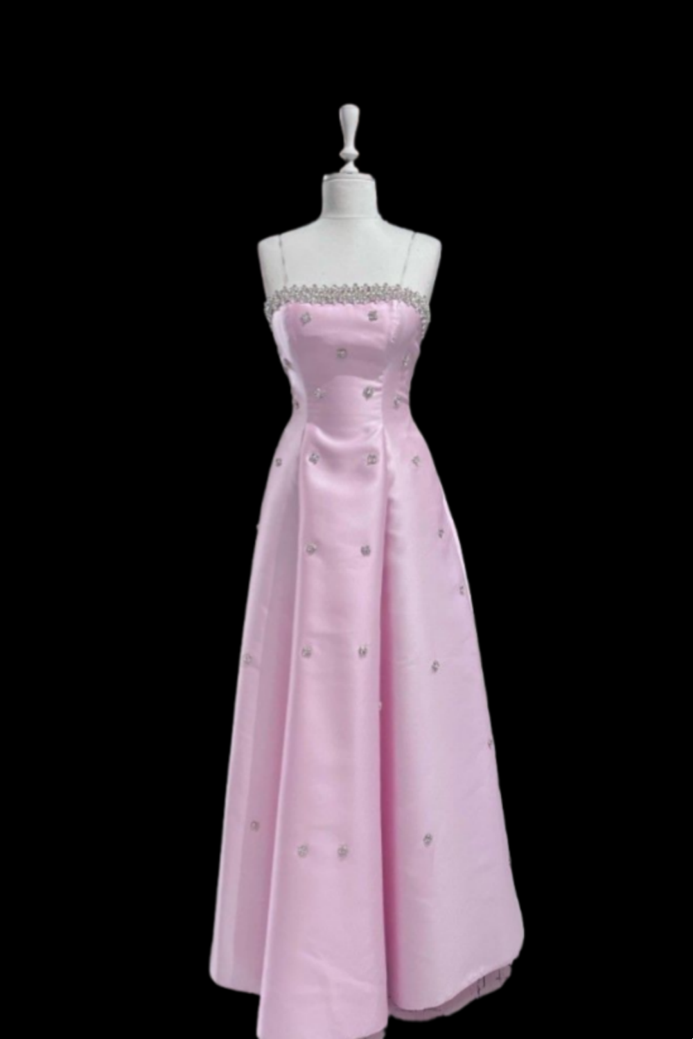 NiceVestidos--Pink Spaghetti - Strap Diamond - Embellished Midi Evening Dress NV5766